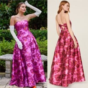 $900 Sachin & Babi Pink Zofia Floral Strapless Mikado Watercolor Gown Size 2